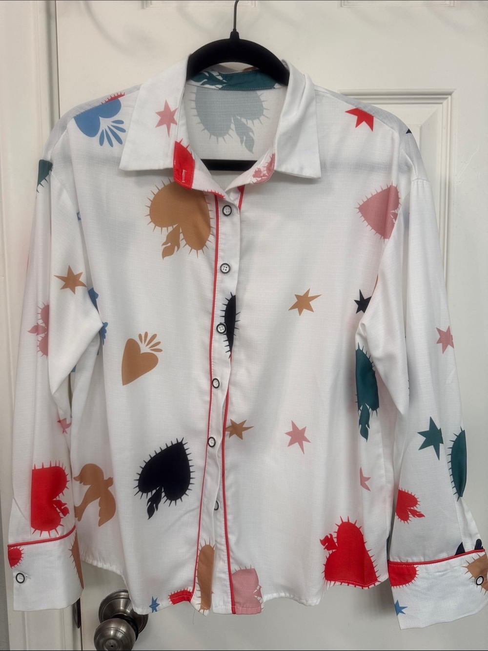 White Button-Up Shirt with Multicolor Heart & Star Prints